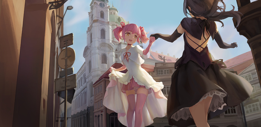:d adapted_costume akemi_homura backlighting black_dress black_gloves black_hair capelet choker city commentary cropped_jacket czech_republic dancing day dress elbow_gloves flat_chest from_behind gloves highres holding_hands kaname_madoka lamppost layered_dress long_hair looking_at_another mahou_shoujo_madoka_magica multiple_girls open_mouth outdoors overskirt petticoat pink_choker pink_gloves pink_hair pink_legwear pleated_skirt prague road road_sign shuang_ye sign skirt sky smile statue street thighhighs twintails v-neck white_dress yellow_eyes