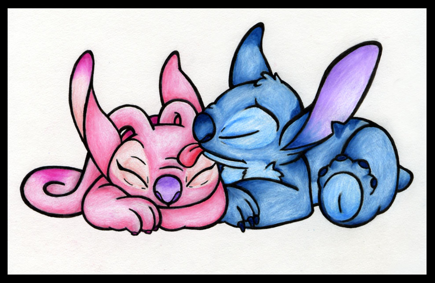 2007 4_toes alien angel_(lilo_and_stitch) antennae back_markings black_border blue_claws blue_fur blue_nose border chest_tuft claws colored_pencil_(artwork) cute disney duo experiment_(species) eyelashes eyes_closed face_lick fur head_tuft hi_res licking lilo_and_stitch littletiger488 lying markings notched_ear pink_claws pink_fur purple_nose romantic_couple simple_background sleeping toes tongue tongue_out traditional_media_(artwork) tuft white_background