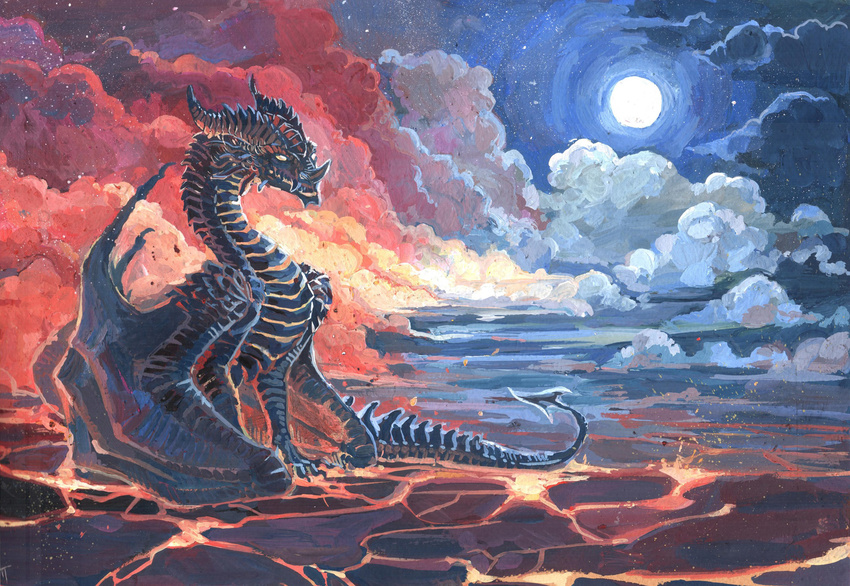 ambiguous_gender curved_horn dragon feral horn membranous_wings moon nibinoylin night outside ridged_horn scalie sitting solo traditional_media_(artwork) western_dragon wings