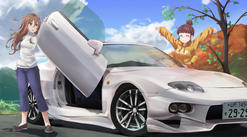 ^_^ bangs blue_sky blush brown_hair capri_pants car closed_eyes closed_mouth cloud cloudy_sky day flats funyariko ground_vehicle hair_bun hood hoodie mitsubishi_fto motor_vehicle multiple_girls no_socks open_mouth original outdoors pants purple_eyes ribbed_sweater scissor_doors sky smile standing stretch sweater