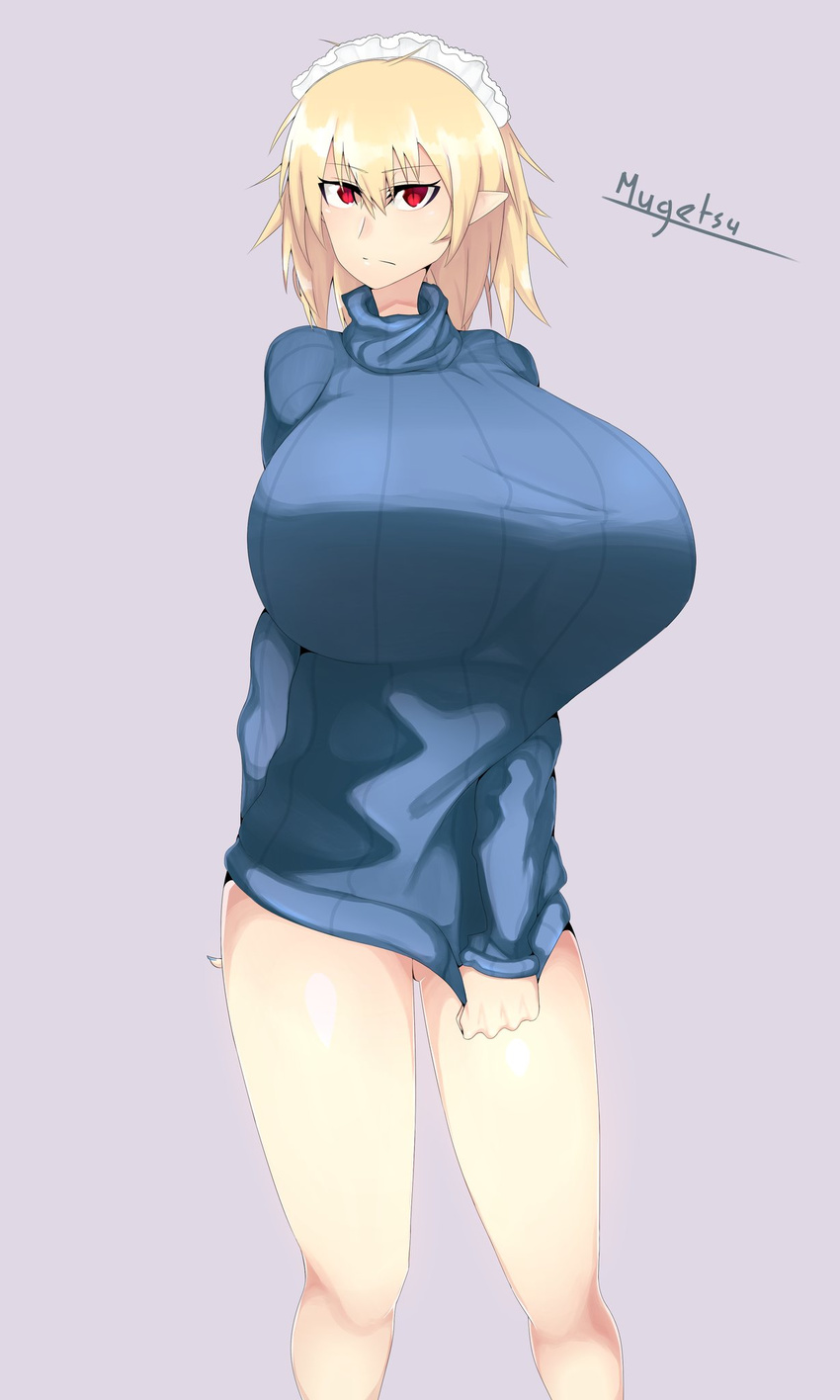1girl blonde_hair bottomless breasts cowboy_shot eyebrows_visible_through_hair grey_background huge_breasts looking_at_viewer maid_headdress mugetsu myuunium pointy_ears red_eyes short_hair solo standing sweater touhou touhou_(pc-98)