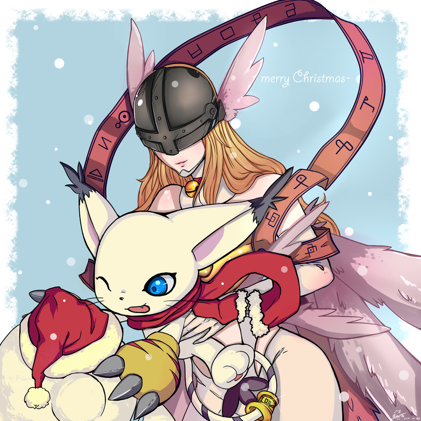 absurdres angel_wings angewomon asymmetrical_clothes bare_shoulders blonde_hair blue_eyes cat choker claws commentary_request creature digimoji digimon digimon_adventure gloves hat head_wings helmet highres holy_ring jewelry jingle_chunshui long_hair multiple_wings no_humans print_gloves red_choker red_scarf ribbon ring santa_hat scarf smile snow tailmon thigh_strap wings yellow_gloves