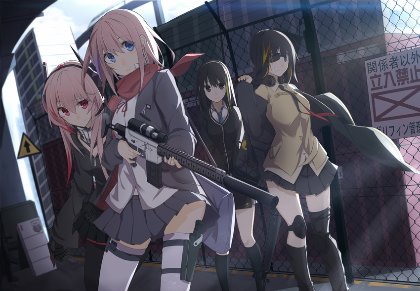 anti-rain_(girls_frontline) ar-15 assault_rifle bangs black_gloves black_legwear black_skirt blonde_hair blue_eyes blush cardigan chain-link_fence commentary_request cosplay day eyebrows_visible_through_hair eyepatch fence fisheye girls_frontline gloves green_hair gun hair_between_eyes hairband highlights highres holding holding_gun holding_weapon holster idolmaster idolmaster_cinderella_girls jacket kneehighs knife light_smile long_hair long_sleeves looking_at_viewer m16a1 m16a1_(girls_frontline) m4_sopmod_ii_(girls_frontline) m4a1_(girls_frontline) mag_(mag42) mismatched_legwear multicolored_hair multiple_girls open_clothes open_jacket outdoors pantyhose parted_lips pink_hair pleated_skirt red_eyes red_scarf rifle scarf sheath sheathed shibuya_rin shibuya_rin_(cosplay) single_kneehigh single_thighhigh skirt st_ar-15_(girls_frontline) standing streaked_hair suppressor thigh_holster thighhighs trigger_discipline weapon white_legwear