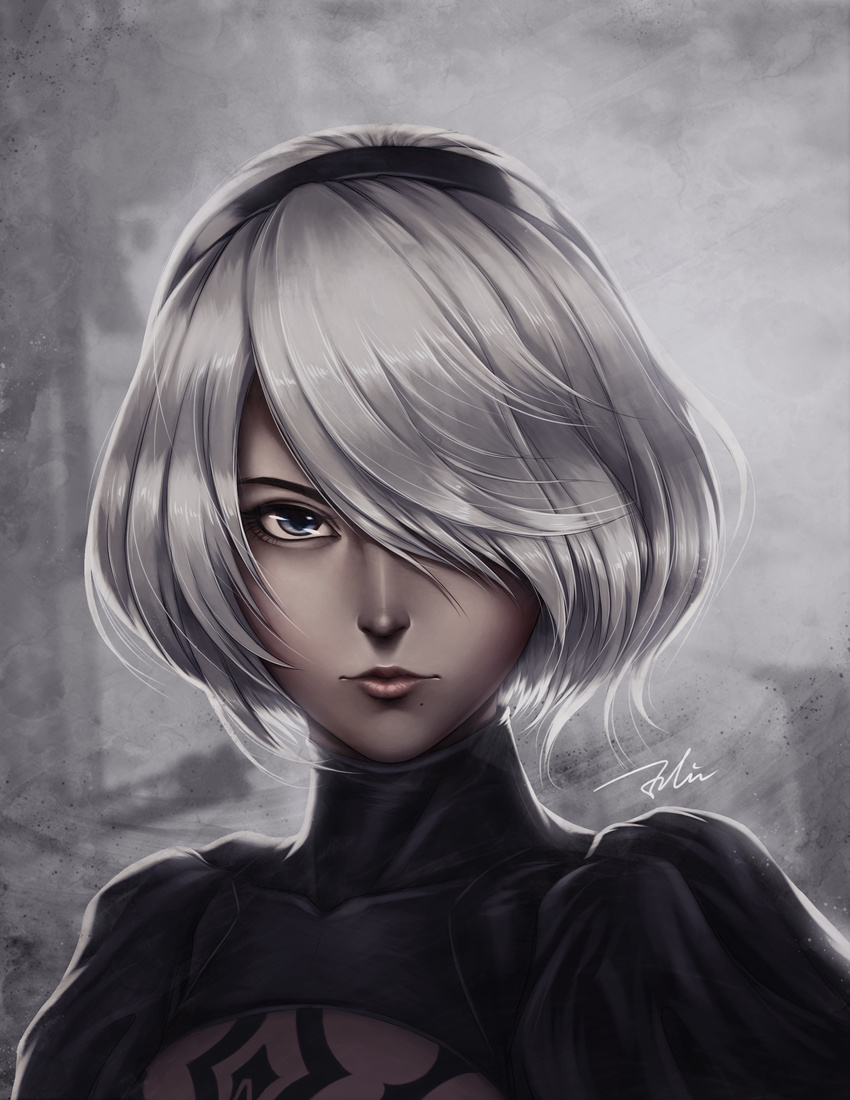 absurdres black_dress black_hairband blue_eyes cleavage_cutout covered_collarbone dress eyelashes hair_over_one_eye hairband highres juliet_sleeves lips long_sleeves looking_at_viewer mole mole_under_mouth nier_(series) nier_automata no_blindfold puffy_sleeves shiny shiny_hair short_hair signature silver_hair solo tingzuo_liu turtleneck turtleneck_dress upper_body yorha_no._2_type_b