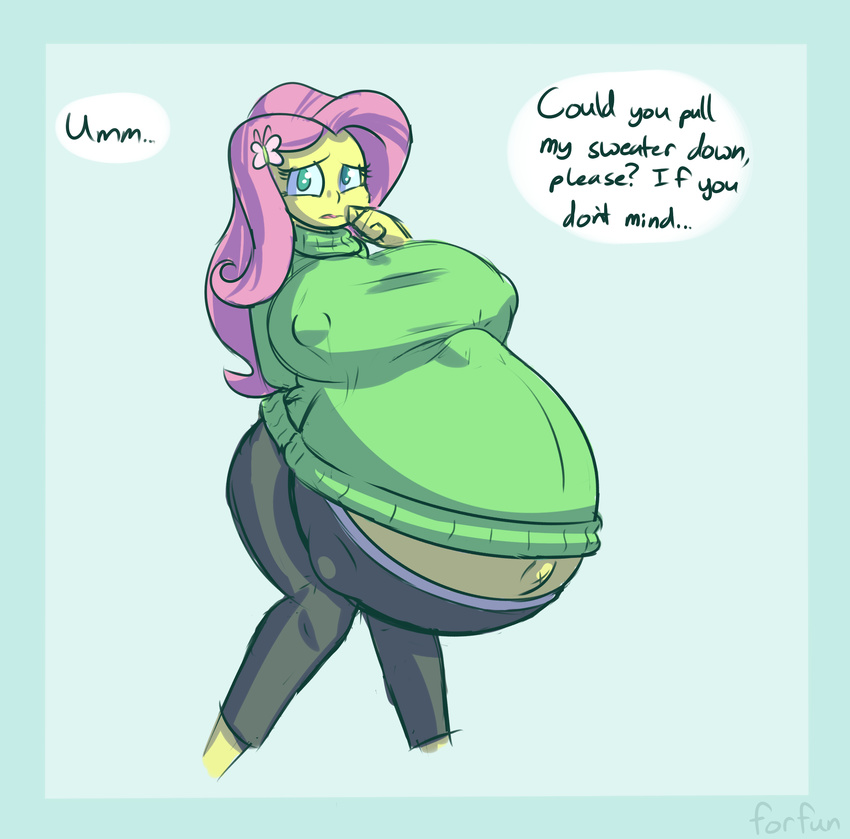 anthro big_breasts breasts clothing english_text fluttershy_(mlp) forfun41 friendship_is_magic huge_breasts hyper hyper_pregnancy my_little_pony nipple_bulge pregnant sweat_pants sweater text
