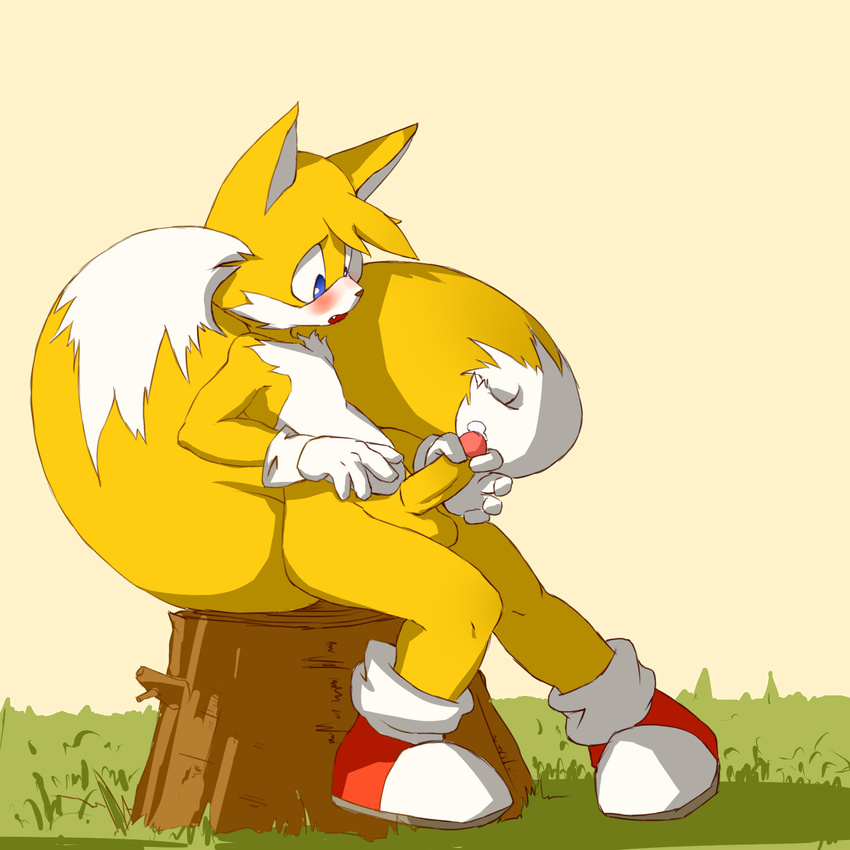 anthro blush canine clothing cum footwear fox fur giga_(artist) gloves male mammal mastubating miles_prower penis shoes simple_background solo sonic_(series) video_games white_fur yellow_fur