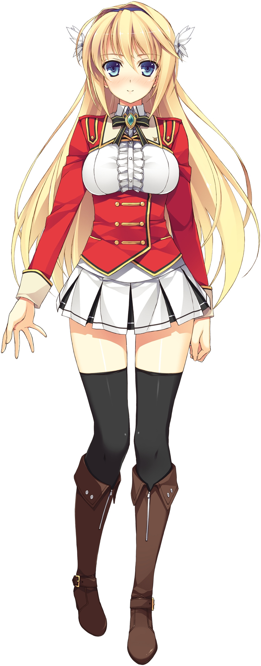 absurdres belt_boots black_legwear blonde_hair blue_eyes blush boots brown_footwear elcia_harvence full_body hair_ornament hairband highres jewelry knee_boots koikishi_purely_kiss long_hair long_sleeves looking_at_viewer non-web_source pleated_skirt school_uniform simple_background skirt smile solo thighhighs yuuki_hagure zettai_ryouiki