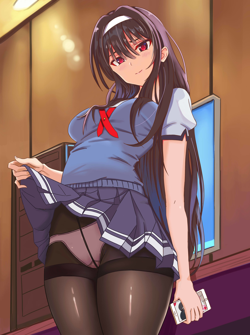 absurdres black_hair black_legwear blush breasts cellphone computer crotch_seam derivative_work hairband highres kasumigaoka_utaha large_breasts long_hair looking_at_viewer panties panties_under_pantyhose pantyhose phone red_eyes saenai_heroine_no_sodatekata school_uniform short_sleeves skirt skirt_lift smartphone smile solo thighband_pantyhose underwear zhizuozhu