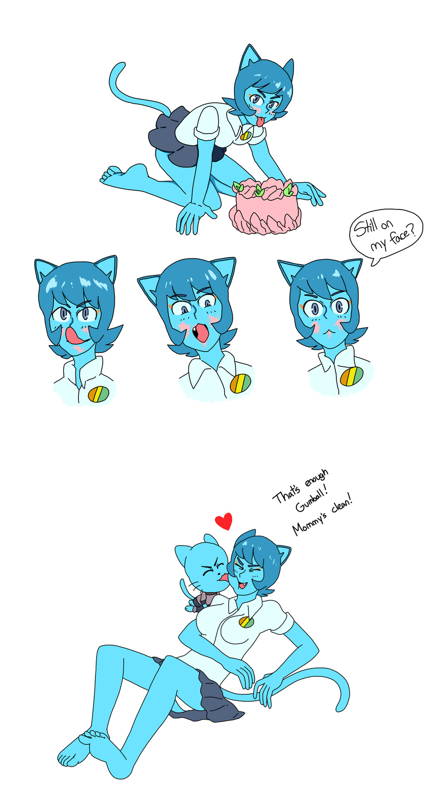 &lt;3 anthro blue_fur blue_hair cake cartoon_network cat clothed clothing comic english_text feline female food fur gumball_watterson hair licking looking_at_viewer mammal mature_female mother mother_and_son nicole_watterson panties parent short_hair shota simple_background skirt son text the_amazing_world_of_gumball tongue tongue_out underwear white_background young