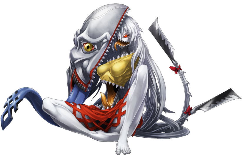 barefoot bow breasts full_body hatchet horror_(theme) long_hair mazeran medium_breasts open_mouth oriental_hatchet red_bow red_eyes red_skirt sakata_nemuno sharp_teeth silver_hair sitting skirt solo teeth tongue touhou transparent_background very_long_hair yellow_eyes