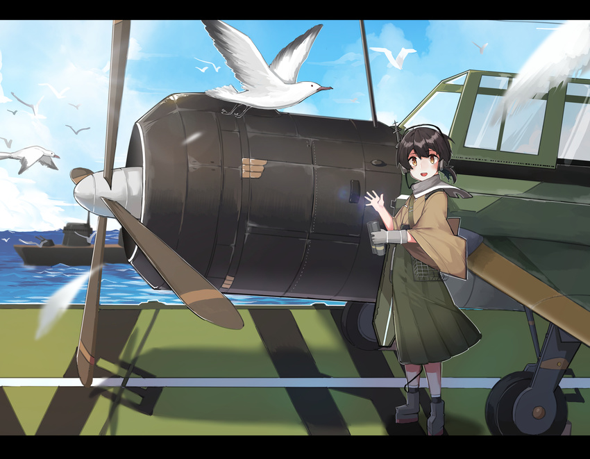 absurdres aircraft airplane b6n_tenzan binoculars bird boots brown_eyes brown_hair cloud day flight_deck full_body gloves hakama headphones highres holding japanese_clothes kantai_collection kasuga_maru_(kantai_collection) military military_vehicle ocean partly_fingerless_gloves scarf ship short_hair sky solo taiyou_(kantai_collection) warship watercraft wulazula yugake