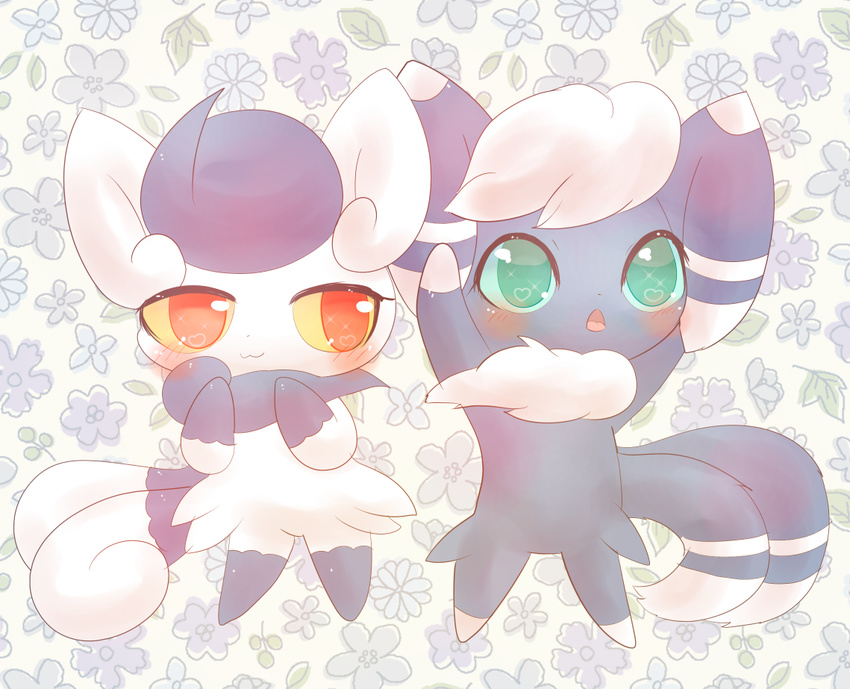 1boy 1girl artist_request brown_eyes furry meowstic pokemon teal_eyes