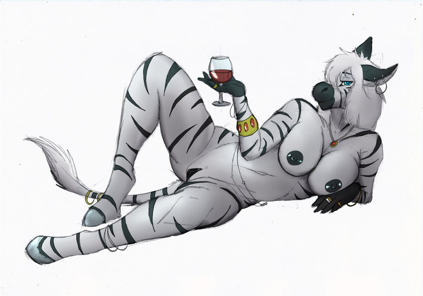 alcohol beverage black_stripes blue_eyes breasts equine female fur glass hair hooves jewelry lian_(lordjaguar) lying mammal necklace nipples nude pussy ring simple_background solo stripes umpherio white_background white_fur white_hair wine zebra