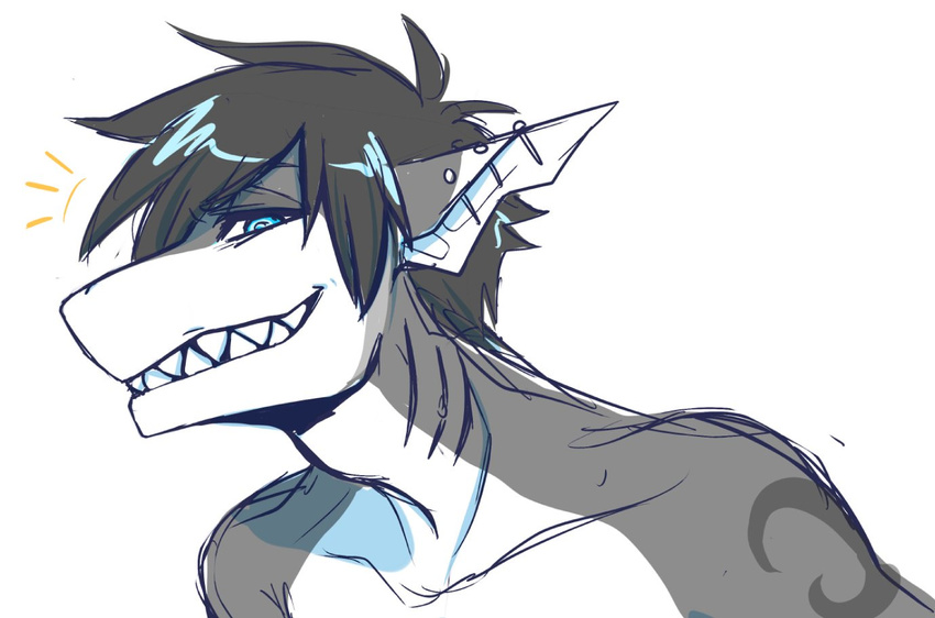 anthro ear_piercing ehbear fish hair looking_at_viewer male marine piercing riptide shark simple_background sketch smile solo white_background