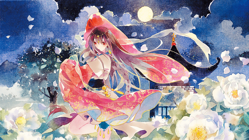 architecture arm_up bangs braid brown_hair calligraphy_brush_(medium) chinese_clothes cloud cloudy_sky cowboy_shot dancing dress earrings east_asian_architecture flower full_moon hagoromo jewelry leg_up long_hair long_sleeves looking_at_viewer moon night night_sky outdoors parted_lips patterned_clothing peony_(flower) petals red_eyes rei_(456789io) scenery see-through shawl short_over_long_sleeves short_sleeves side_braid sky sleeves_past_fingers sleeves_past_wrists solo star_(sky) starry_sky traditional_media tree very_long_sleeves vocaloid vocanese watercolor_(medium) wide_sleeves yuezheng_ling