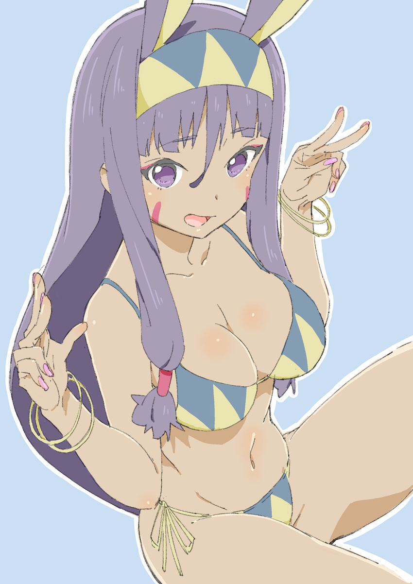 :d absurdres animal_ears argyle argyle_bikini bangle bangs bare_arms bare_shoulders bikini blue_background blue_bikini blue_hairband blunt_bangs blush body_blush bracelet breasts cleavage collarbone dark_skin donguri_suzume double_v eyebrows_visible_through_hair eyeshadow facepaint fate/grand_order fate_(series) fingernails from_side grey_hair groin groin_tendon hair_between_eyes hair_tubes hairband hands_up happy highres jackal_ears jewelry knee_up long_fingernails long_hair looking_at_viewer makeup medium_breasts multicolored multicolored_bikini multicolored_clothes nail_polish navel nitocris_(fate/grand_order) open_mouth outline pink_nails purple_eyes ribbon side-tie_bikini sidelocks simple_background sitting smile solo spread_legs string_bikini swimsuit thighs v very_long_hair white_outline yellow_bikini yellow_hairband yellow_ribbon