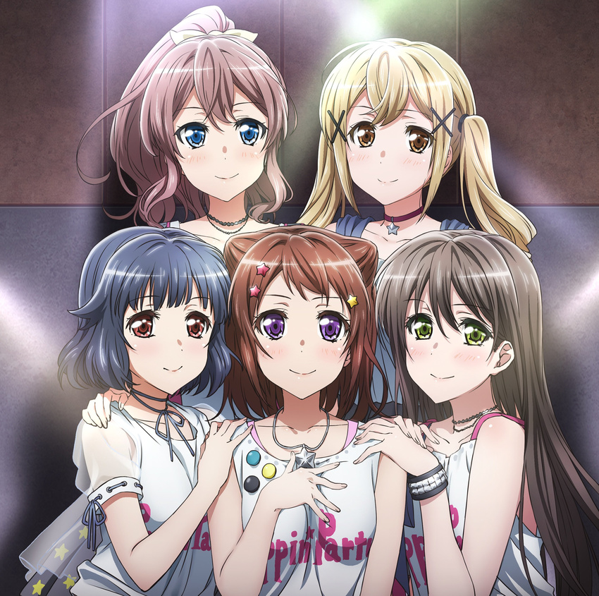absurdres badge bang_dream! bangs black_hair blonde_hair blue_eyes blush bracelet brown_eyes brown_hair button_badge choker clothes_writing collar collarbone green_eyes group_name group_picture hair_ornament hair_ribbon hanazono_tae hand_on_another's_shoulder hand_on_own_chest hands_on_another's_shoulders high_ponytail highres ichigaya_arisa indoors jewelry long_hair looking_at_viewer multiple_girls necklace pendant ponytail poppin'party purple_eyes ribbon ribbon-trimmed_skirt ribbon_choker ribbon_trim shirt short_hair short_sleeves sidelocks sleeveless sleeveless_shirt smile star star_choker star_hair_ornament star_necklace toyama_kasumi twintails upper_body ushigome_rimi white_ribbon white_shirt wrist_cuffs x_hair_ornament yamabuki_saaya