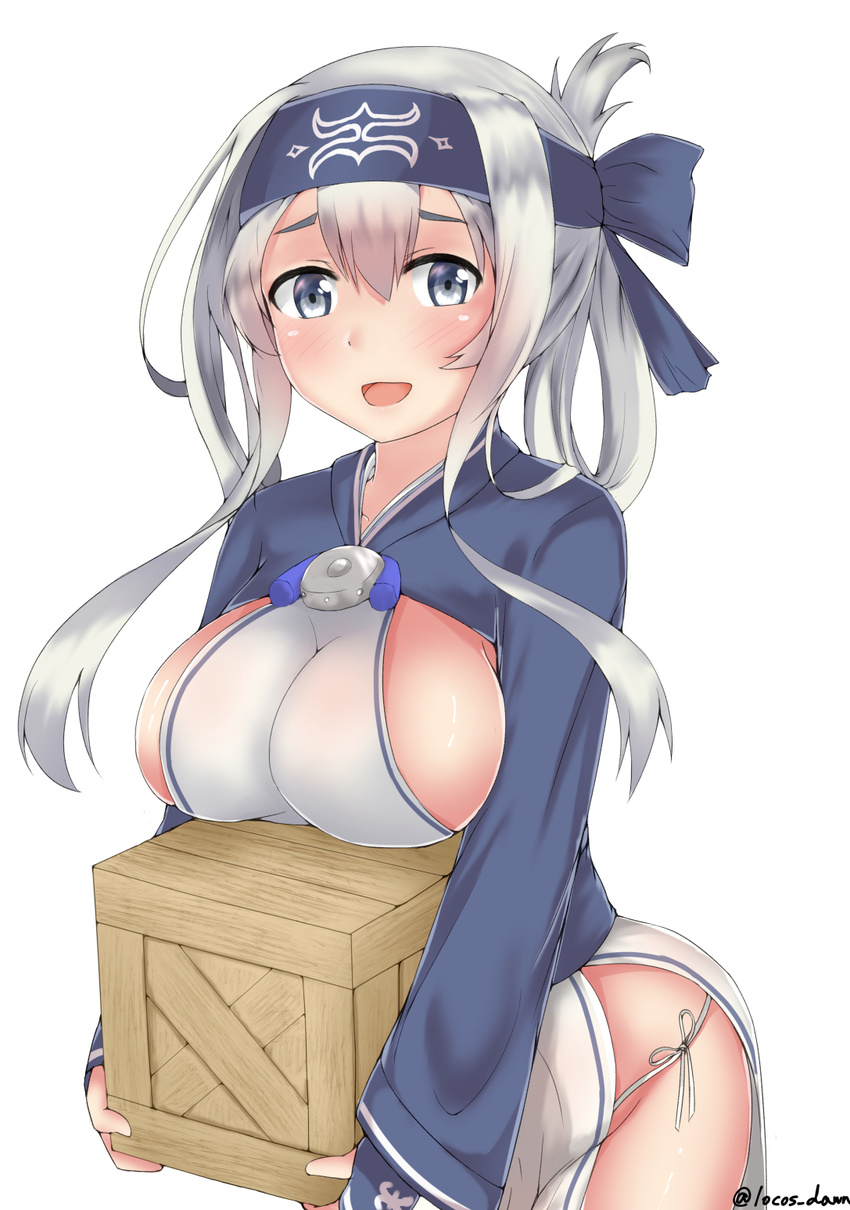 ainu ainu_clothes bandana blue_eyes breast_rest breasts carried_breast_rest commentary_request crate cropped_jacket dress folded_ponytail headband highres kamoi_(kantai_collection) kantai_collection large_breasts long_hair long_sleeves looking_at_viewer open_mouth rokosu_(isibasi403) sideboob sidelocks simple_background sleeveless sleeveless_dress solo thick_eyebrows white_background white_dress white_hair