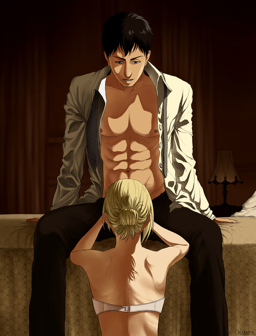 1boy 1girl abs annie_leonhardt bare_back bertolt_hoover black_hair blonde_hair bra fellatio hair_bun hetero high_resolution muscle nipples oral sex shingeki_no_kyojin short_hair tied_hair underwear