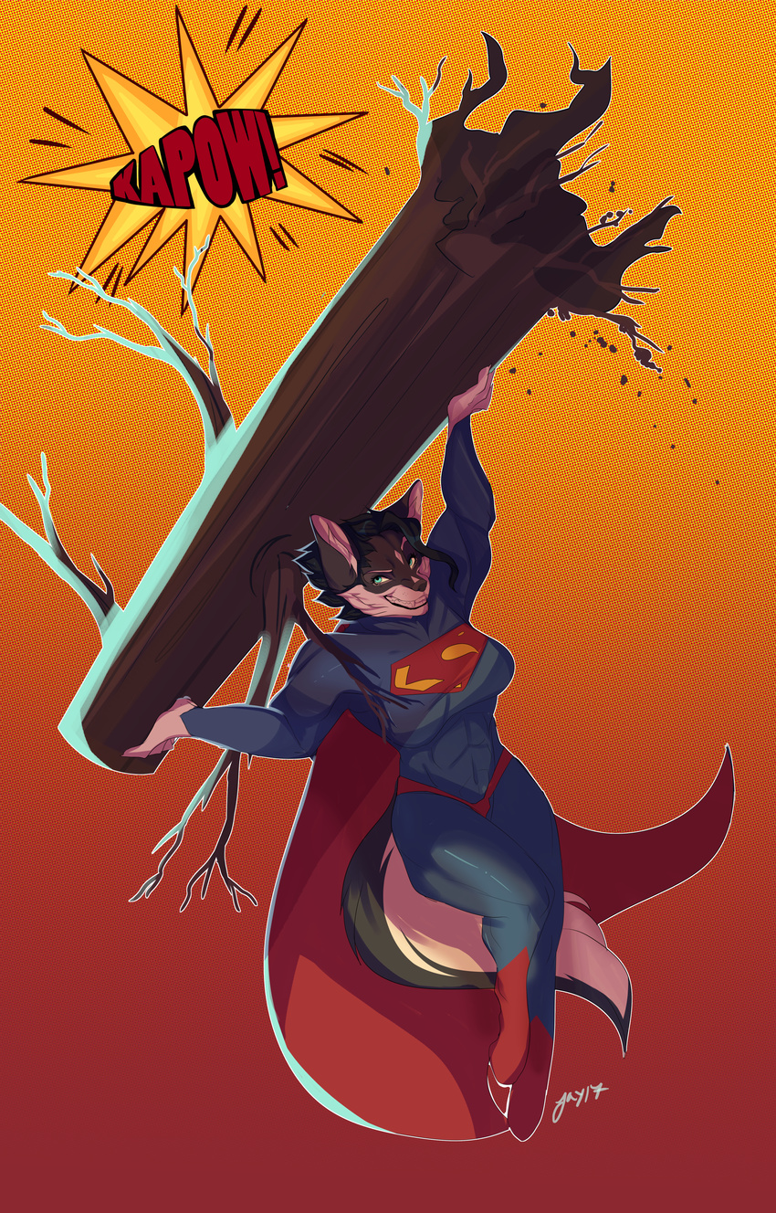 anthro athletic canine cape clara_kent clothing costume dog flying gradient_background haircurl husky insignia invalid_color kapow kittenpawprints kryptonian lifting mammal red_cape siberian_husky simple_background smile smirk smug spikey_hair superhero superhusky superman tree uprooted