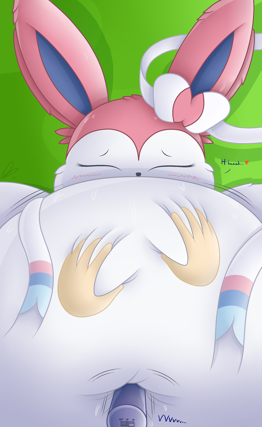 anthro anthrofied belly belly_rub big_belly deep_navel dildo dullpoint eeveelution female fur hi_res humanoid_hands navel navel_fetish navel_penetration navel_poke nintendo overweight penetration pink_fur pok&eacute;mon sex_toy slightly_chubby sylveon text vibrating video_games white_fur
