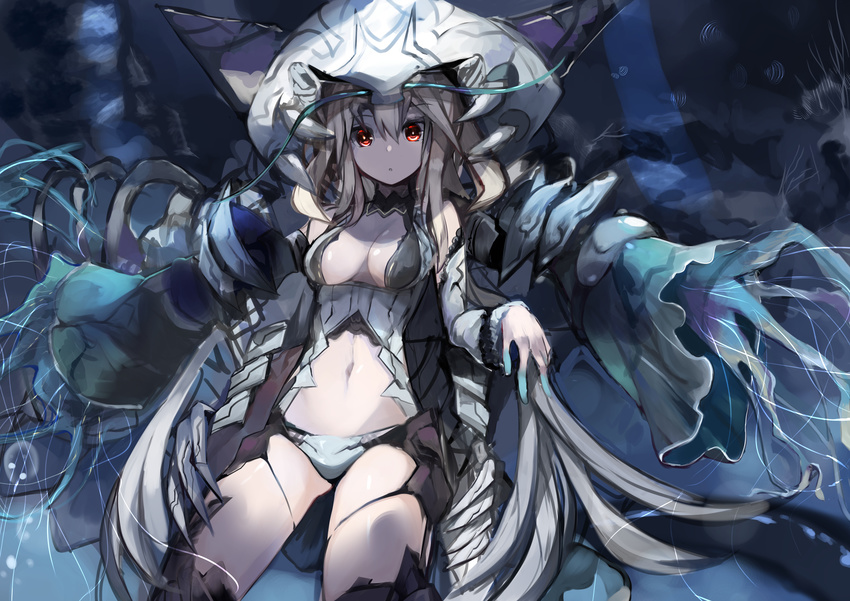 absurdres breasts cleavage detached_sleeves haik highres jellyfish long_hair looking_at_viewer medium_breasts navel original personification red_eyes silver_hair solo thighhighs