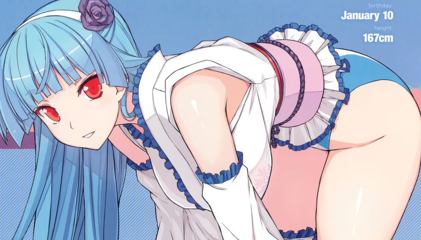 bent_over blue_hair flower hair_flower hair_ornament hairband himukai_kyousuke japanese_clothes long_hair looking_at_viewer obi red_eyes ring_dream sash solo wrestling_outfit yuki_onna_(ring_dream)