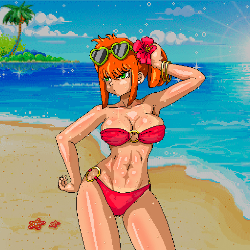 1girl animated animated_gif beach bikini breasts cameltoe earrings flower green_eyes hair_flower hair_ornament jewelry large_breasts pixel_art shiny_skin sunglasses sunglasses_on_head swimsuit tanline tanned water