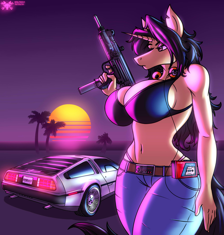 2017 5_fingers anthro belt big_breasts breasts cleavage clothed clothing delorean equine female gun headphones hi_res horn jeans mammal metalfoxxx midriff navel neon nes palm_trees pants ranged_weapon solo submachine_gun sunset unicorn uzi walkman weapon wide_hips