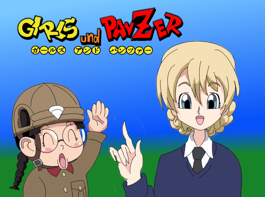 chi-hatan_military_uniform darjeeling dragon_ball fukuda_(girls_und_panzer) girls_und_panzer highres ideshin military military_uniform multiple_girls norimaki_arale st._gloriana's_school_uniform toriyama_akira_(style) uniform