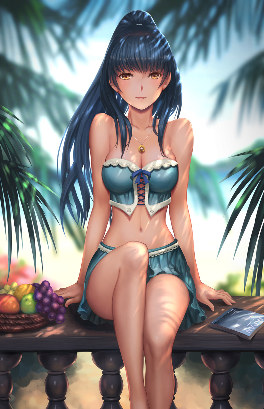 apple arms_at_sides bangs bare_arms bare_shoulders beach black_hair blue_skirt blurry breasts brown_eyes bustier cleavage collarbone commentary_request dappled_sunlight day depth_of_field fence food fruit grapes green_apple high_ponytail highres jewelry long_hair looking_at_viewer medium_breasts midriff navel necklace original outdoors parted_lips sitting_on_fence skirt smile solo stomach sunlight youbou