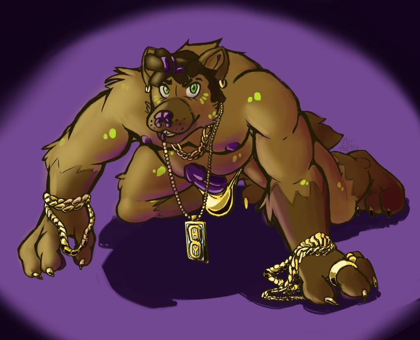 2017 all_fours anthro bling bracelet brown_fur crawling erection facial_piercing fur green_eyes hands_and_knees humanoid_penis hyena jewelry looking_at_viewer male mammal necklace nipples nose_piercing nude penis piercing purple_background purple_nose purple_penis ring simple_background slightly_chubby solo tiut