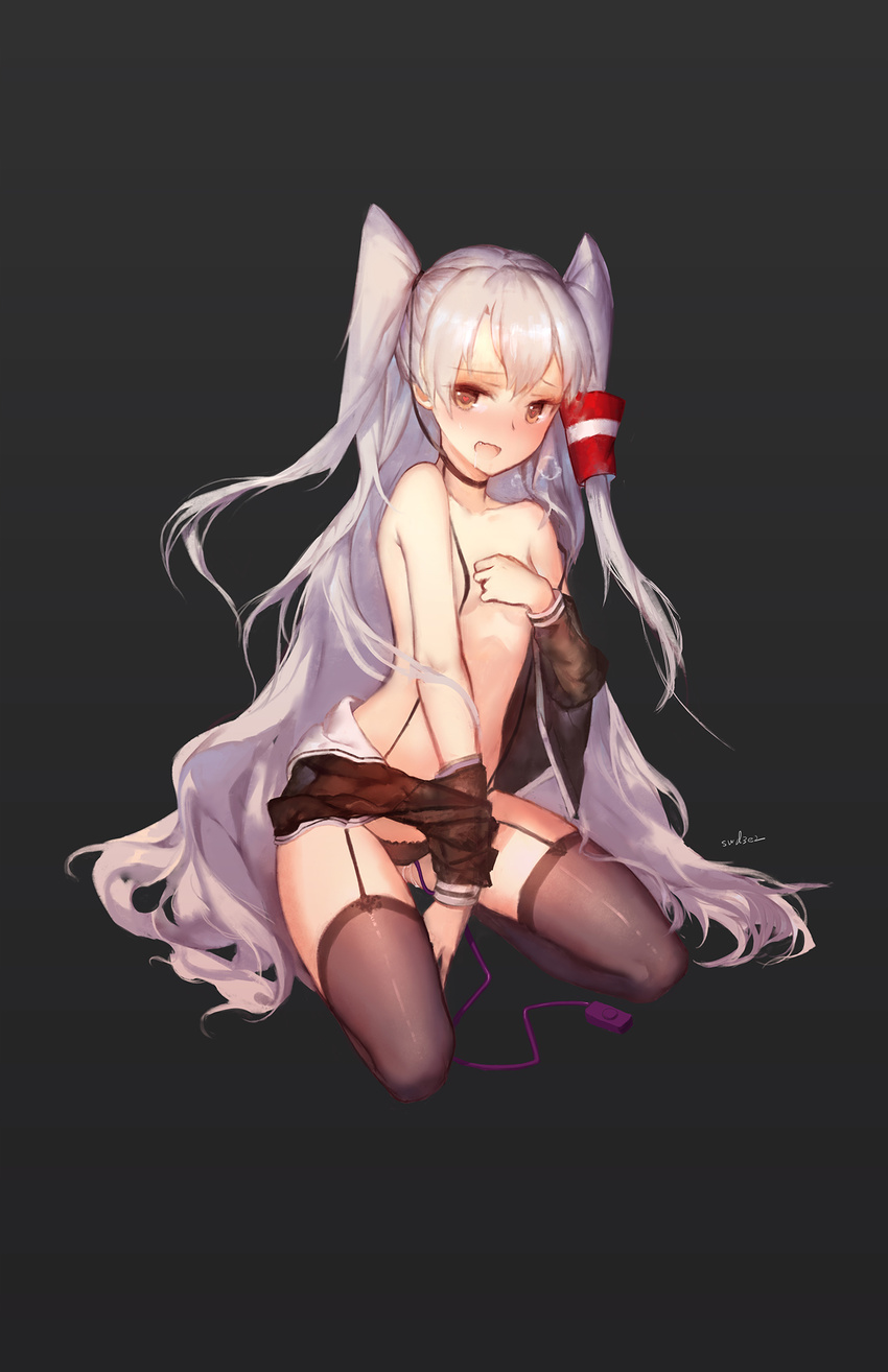 amatsukaze_(kantai_collection) artist_name between_legs black_legwear black_panties breasts breath clothes_pull collarbone covering covering_breasts drooling fang full_body garter_straps grey_background grey_hair hair_tubes hand_between_legs headgear_removed heart heart-shaped_pupils highres kantai_collection kneeling long_hair looking_at_viewer messy_hair off_shoulder open_mouth panties pussy_juice remote_control_vibrator saliva simple_background small_breasts solo swd3e2 symbol-shaped_pupils thighhighs two_side_up underwear undressing very_long_hair vibrator vibrator_under_clothes vibrator_under_panties
