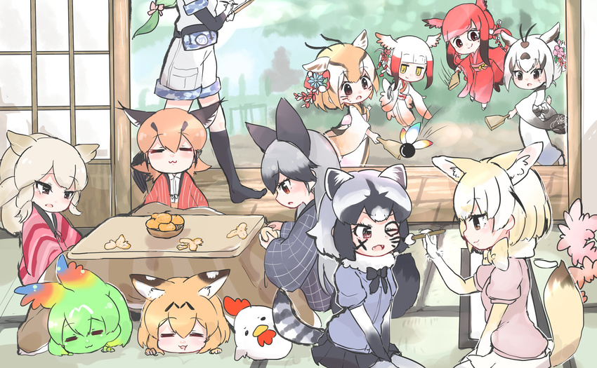 :3 ;o =_= animal_ears arabian_oryx_(kemono_friends) bird black_eyes black_legwear blonde_hair brown_eyes camouflage_trim caracal_(kemono_friends) caracal_ears caracal_tail cerval chicken closed_eyes commentary common_raccoon_(kemono_friends) day face_painting fangs fennec_(kemono_friends) food fox_ears fruit gazelle_ears green_hair green_skin grey_hair hagoita hair_ornament hanetsuki head_wings highres japanese_clothes japanese_crested_ibis_(kemono_friends) kemono_friends kimono kneehighs kotatsu long_hair mandarin_orange mirai_(kemono_friends) multicolored_hair multiple_girls new_year one_eye_closed oryx_ears paddle paintbrush raccoon_ears raccoon_tail red_hair rhinoceros_ears scarlet_ibis_(kemono_friends) serval_(kemono_friends) serval_ears short_hair shouji silver_fox_(kemono_friends) sliding_doors table tail tatsuno_newo thomson's_gazelle_(kemono_friends) under_kotatsu under_table v-shaped_eyebrows white_hair white_rhinoceros_(kemono_friends) yellow_eyes |3