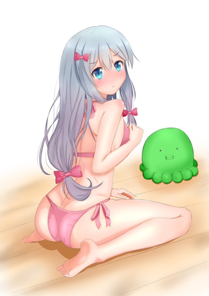 1girl :t artist_request ass bangs bare_shoulders barefoot blue_eyes blush bow bra breasts butt_crack eromanga eromanga_sensei feet hair_bow indoors izumi_sagiri long_hair looking_at_viewer panties pink_bra pink_panties pout red_bow shiny shiny_hair shiny_skin sideboob silver_hair solo tears underwear underwear_only very_long_hair wariza