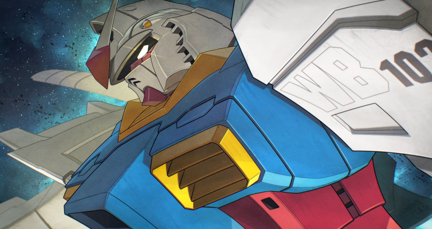 facing_to_the_side foreshortening gundam hata4564 highres mecha mecha_focus mobile_suit mobile_suit_gundam no_humans robot rx-78-2 science_fiction shadow space star_(sky) tagme v-fin