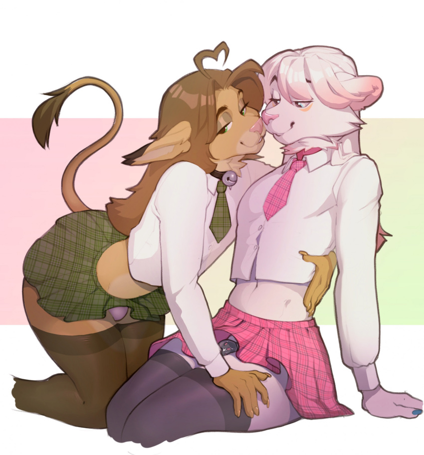 5_fingers anthro bedroom_eyes bell bell_collar blue_eyes blue_fingernails blue_nails bottomwear brown_hair brown_tail_tip chastity_cage chastity_device cheek_tuft clothed clothing collar collared_shirt colored_nails crop_top crossdressing dipstick_tail dress_shirt duo ear_markings facial_tuft felid femboy fingernails fingers fur genitals gradient_background green_bottomwear green_clothing green_eyes green_necktie green_plaid green_skirt hair hi_res kiro-kat_(character) kyra_(cadray) legwear lion long_hair looking_at_another looking_at_viewer male mammal markings meheheehehe metal_chastity_cage midriff miniskirt multicolored_hair nails narrowed_eyes navel neck_tuft necktie nub_chastity_cage pantherine pattern_bottomwear pattern_clothing pattern_necktie pattern_skirt pink_bottomwear pink_clothing pink_collar pink_hair pink_necktie pink_nose pink_plaid pink_skirt plaid plaid_bottomwear plaid_clothing plaid_necktie plaid_skirt raised_tail seductive shirt simple_background skirt stockings tail tail_markings tail_tuft tan_body tan_fur topwear tuft two_tone_hair white_background white_body white_clothing white_crop_top white_dress_shirt white_fur white_hair white_topwear