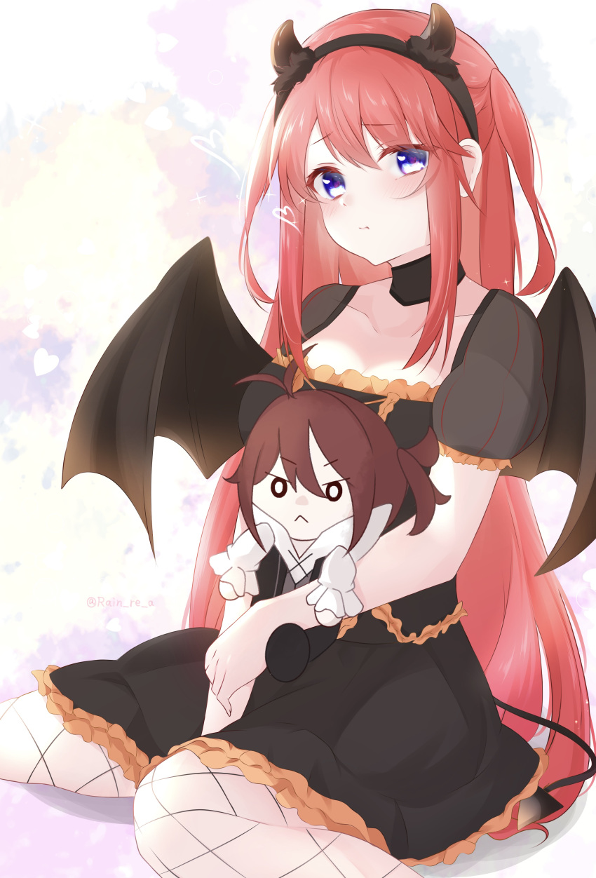 1girl :t absurdres black_choker black_dress blue_eyes blush breasts character_doll choker closed_mouth collarbone demon_girl demon_horns demon_tail demon_wings doll dress fake_horns fake_tail fake_wings fishnet_pantyhose fishnets frilled_dress frills halloween halloween_costume heart highres holding holding_doll horns long_hair looking_at_viewer pantyhose pout puffy_short_sleeves puffy_sleeves purple_eyes rain_re_a re:zero_kara_hajimeru_isekai_seikatsu red_hair see-through_clothes see-through_sleeves short_sleeves sitting solo tail theresia_van_astrea two_side_up very_long_hair wariza wilhelm_(re:zero) wings