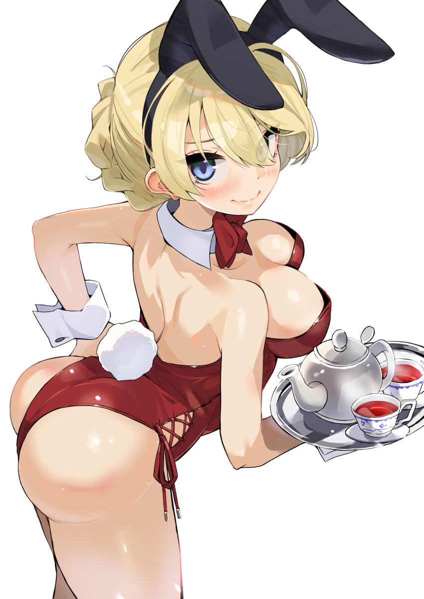 1girl absurdres alternate_costume animal_ear_hairband animal_ears ass blaze_(blazeillust) blonde_hair blue_eyes blush breasts closed_mouth cup darjeeling_(girls_und_panzer) drink fake_animal_ears fake_tail girls_und_panzer hairband highres leotard looking_at_viewer playboy_bunny rabbit_ears rabbit_tail red_leotard side-tie_leotard simple_background solo tail teacup teapot tray wavy_mouth white_background white_wrist_cuffs wrist_cuffs