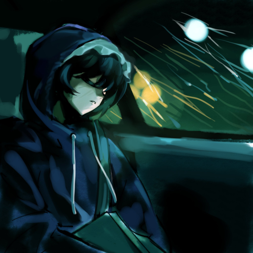 1other androgynous black_hair black_hat book car_interior chair chinese_commentary closed_eyes commentary_request english_commentary frilled_headwear hair_between_eyes hat highres holding holding_book hood hood_up hoodie indoors len'en long_hair long_sleeves mixed-language_commentary night on_chair other_focus parted_lips puffy_long_sleeves puffy_sleeves purple_hoodie rain seatbelt shitodo_kuroji short_hair sitting sleeping solo upper_body yancao_(pixiv_103434280)