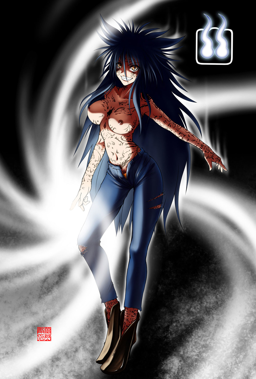 1girl black_hair breasts demono_yusuke female full_body genderswap grin highres long_hair midriff nipples pants rule_63 shirtless shoes smile solo tattoo topless torn_clothes unzipped urameshi_yusuke very_long_hair xyc911 yellow_eyes yu_yu_hakusho yusuke_urameshi yuu_yuu_hakusho