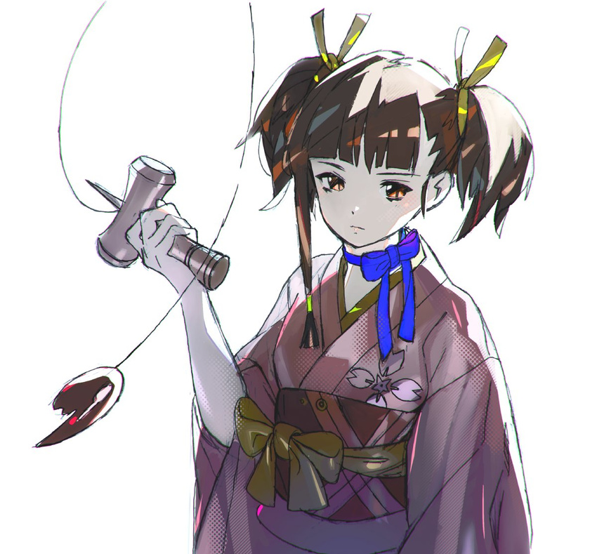 brown_eyes brown_hair choker closed_mouth expressionless hair_ribbon japanese_clothes kendama kimono koutetsujou_no_kabaneri mumei_(kabaneri) ribbon ribbon_choker solo tokiya toy twintails upper_body