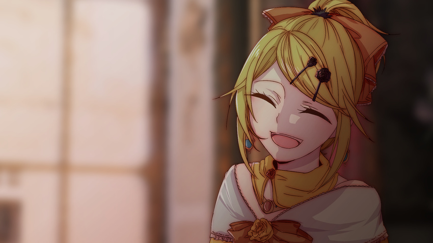 ^_^ aku_no_musume_(vocaloid) blonde_hair blurry blurry_background bow buding_nongtang chinese choker closed_eyes commentary depth_of_field earrings evillious_nendaiki flower hair_ornament hair_ribbon hairclip happy highres jewelry kagamine_rin open_mouth orange_bow pov ribbon riliane_lucifen_d'autriche rose rose_hair_ornament short_hair smile updo vocaloid window yellow_flower yellow_rose