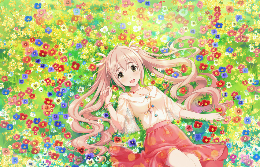 :d artist_request bangs blouse blue_flower blush breasts buttons collarbone colorful dot_nose dutch_angle eyebrows_visible_through_hair eyes_visible_through_hair field floral_print flower flower_field from_above grass green_eyes ground hair_between_eyes hair_ribbon hand_up high-waist_skirt idolmaster idolmaster_cinderella_girls idolmaster_cinderella_girls_starlight_stage jewelry knee_up lace lace-trimmed_shirt layered_skirt long_hair long_sleeves looking_at_viewer lying medium_breasts necklace off_shoulder official_art on_back open_mouth outdoors pendant pink_hair print_skirt raised_eyebrows red_flower red_skirt ribbon saionji_kotoka see-through see-through_silhouette shirt shirt_tucked_in skirt smile solo thick_eyebrows twintails very_long_hair white_blouse white_flower white_ribbon white_shirt yellow_flower