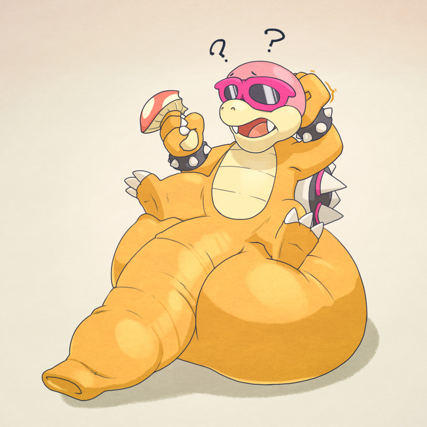 2019 3_toes 4_fingers ? anthro argon_vile balls big_balls bracelet brown_background claws confusion eyewear front_view hi_res huge_balls humanoid_penis hyper hyper_balls hyper_penis jewelry koopa koopaling long_foreskin male mario_bros motion_lines mushroom nintendo nude open_mouth orange_body penis roy_koopa scalie scratching_head simple_background sitting sitting_on_balls solo spiked_bracelet spikes sunglasses toes uncut video_games