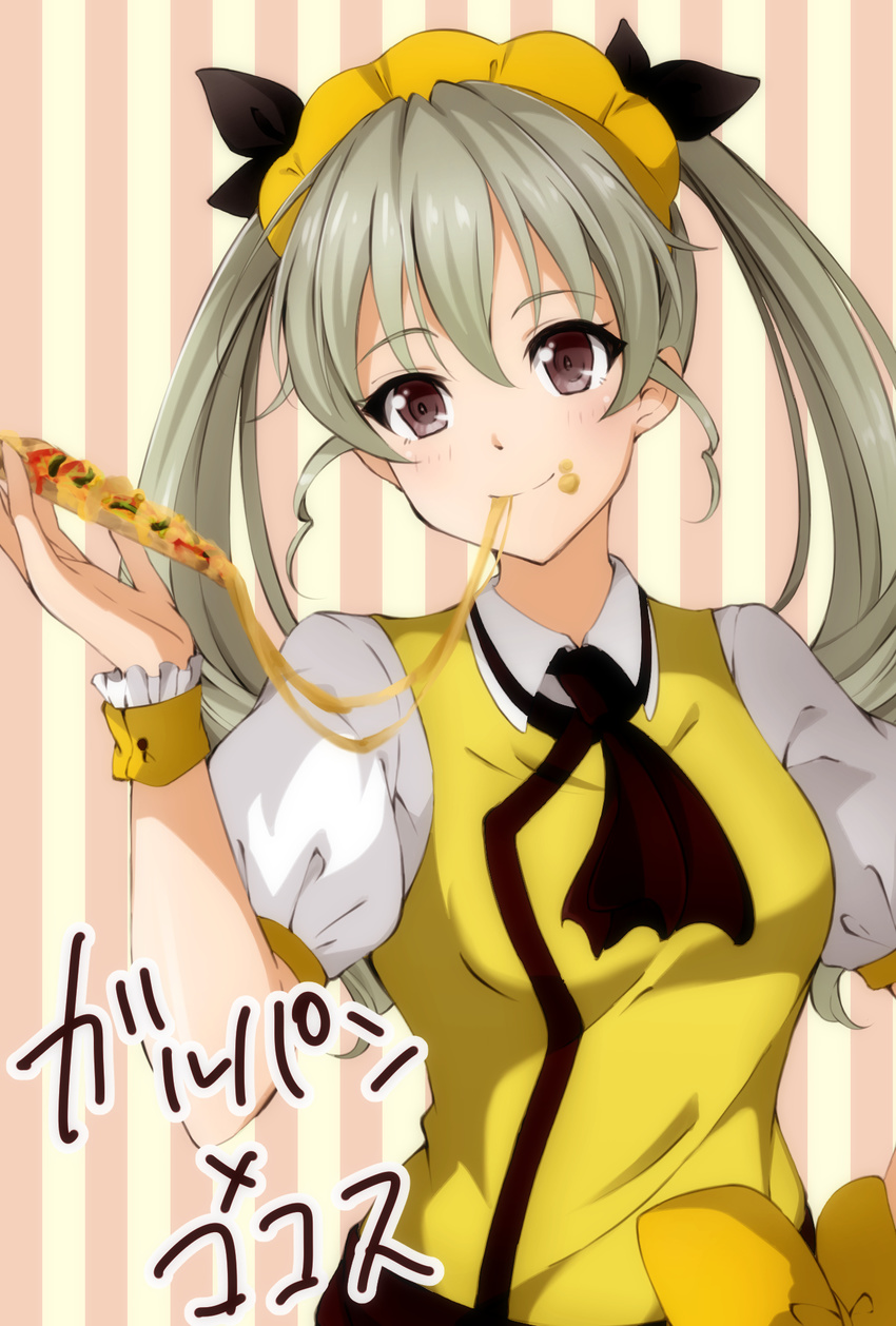 alternate_costume anchovy ascot bangs black_neckwear black_ribbon blouse bow cheese_trail closed_mouth coco's collared_shirt copyright_name drill_hair duffy eating food food_on_face girls_und_panzer green_hair hair_ribbon highres holding holding_food holding_pizza long_hair looking_at_viewer pizza puffy_short_sleeves puffy_sleeves red_eyes ribbon shirt short_sleeves slice_of_pizza smile solo standing striped striped_background twin_drills twintails upper_body vertical-striped_background vertical_stripes waitress wrist_cuffs yellow_blouse yellow_bow