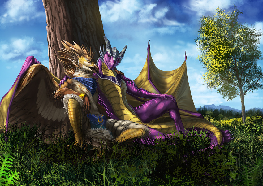 anthro avian beak bird clothing dragon duo falcon feathers featureless_crotch horn jackrow loincloth male open_mouth outside sitting smile wings