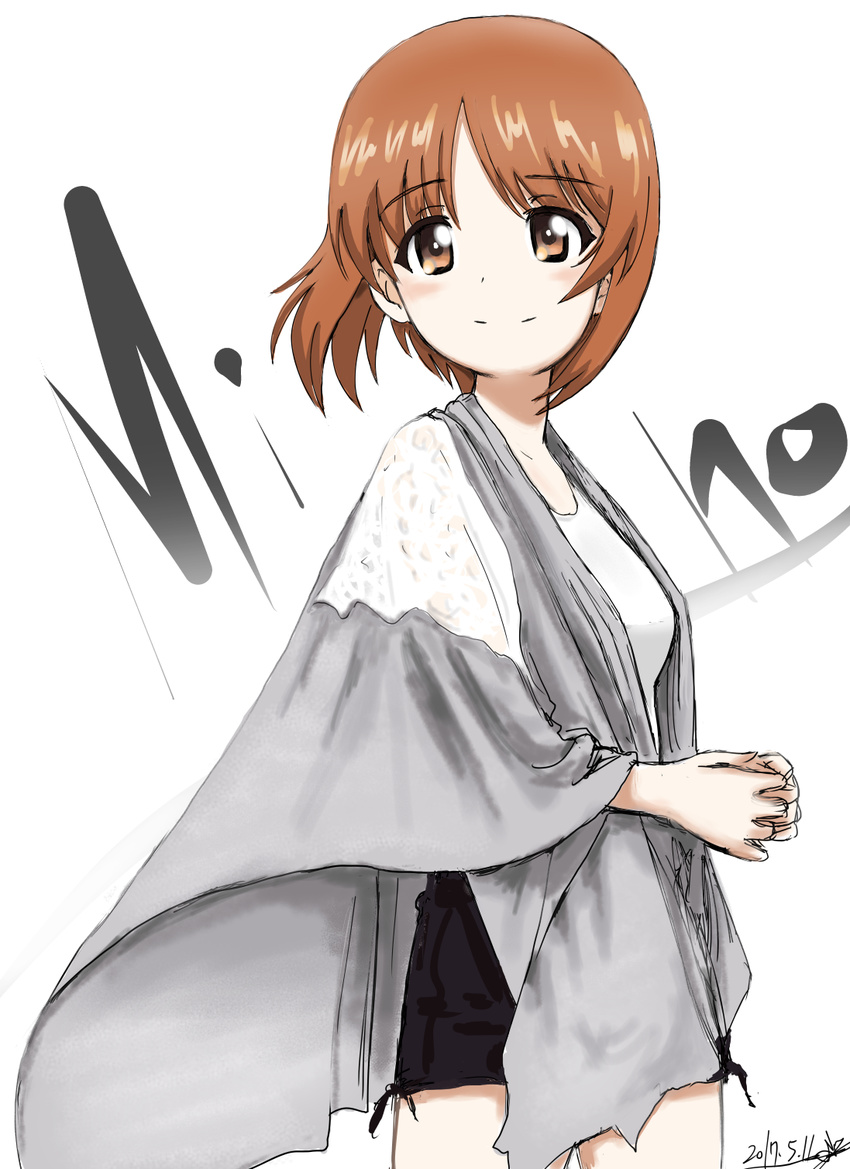 artist_name bangs black_skirt bukkuri casual character_name closed_mouth cowboy_shot dated from_side girls_und_panzer hands_together highres light_smile looking_back miniskirt nishizumi_miho romaji shawl shirt short_hair signature simple_background sketch skirt solo standing white_background white_shirt wind