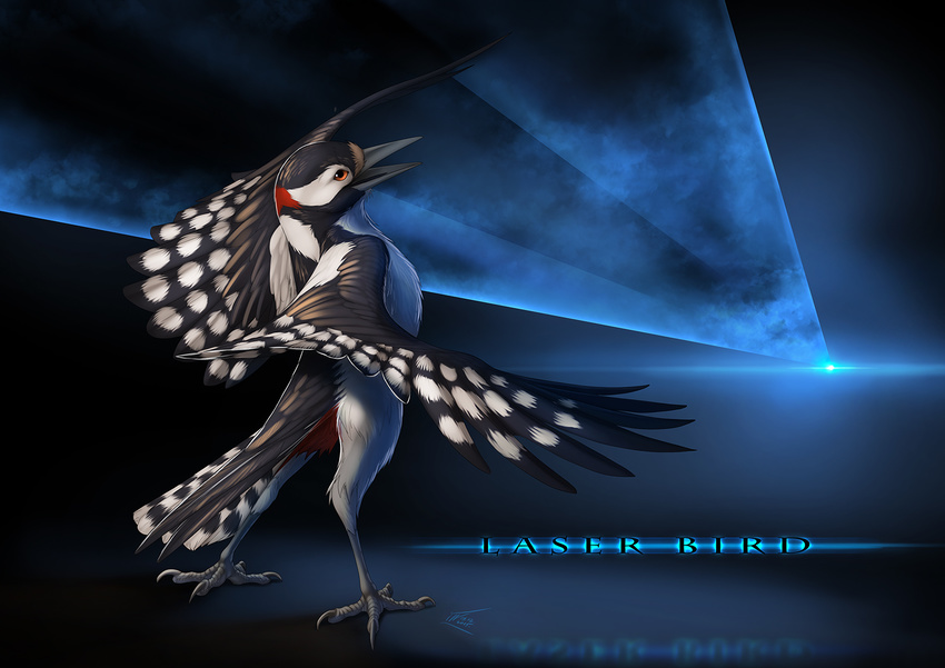 2016 ambiguous_gender avian beak bird feathered_wings feathers feral jackrow looking_at_viewer looking_back open_beak open_mouth red_eyes solo tail_feathers talons winged_arms wings woodpecker