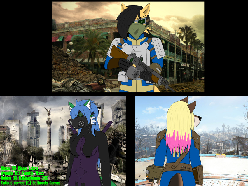 anthro armor aventis canine city clothed clothing coyote djcoyoteguy eyewear fallout female fox gas_mask gloves goggles greasts gun male mammal mask melee_weapon post-apocalyptic ranged_weapon rifle ruben_(djcoyoteguy) ruins skintight_suit video_games weapon wolf